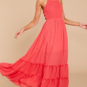 Coral Open-Back Maxi Dress
